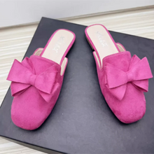 Laden Sie das Bild in den Galerie-Viewer, Fashion Women Spongy Sole Butterfly-Knot Flat Slides Mules Square Toe Wide Fitting Flock Summer Shoes