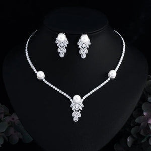 Cubic Zirconia Feather Jewelry Sets for Women Pearl Drop Wedding Necklace and Earrings b91