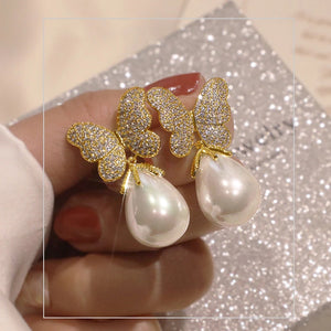 Aesthetic Butterfly Earrings with Pear Imitation Pearl Earrings for Women Wedding Party Luxury Trendy Jewelry