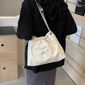 Green Bow Design PU Leather Shoulder Bag for Women 2024 Y2K Fashion Chain Bag