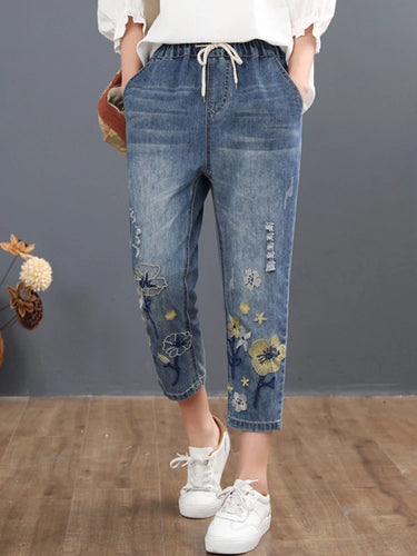 Chinese Autumn Fashion Style Vintage Embroidery Jeans Women Casual Floral Denim Trousers Ripped Harem Pants