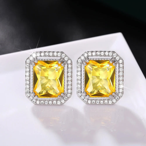 Geometric Stud Earrings with Yellow Cubic Zirconia Trendy Luxury Bright Color Earrings for Women