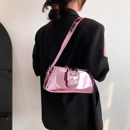 Pink Silver Shoulder Bags for Women Spring Y2K Small Purse Glossy PU Leather Luxury Brand Female Handbags