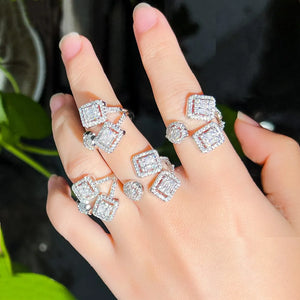 White Baguette Cubic Zirconia Paved Silver Color Open Rings b155