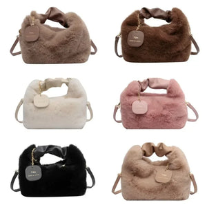 Women Faux Fur Plush Handbags Ruched Handle Small Lady Shoulder Crossbody Bag Casual Tote Half-Moon Hobos Winter