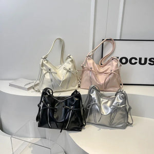 Silver Small Bow Pu Leather Shoulder Bags for Women 2024 Summer Designer Fashion Handbags