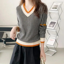 Load image into Gallery viewer, 2023 new long sleeve Autumn Winter V-neck Houndstooth Casual Fashion Sweater Ladies Knitting Jumper Top Women Pullover Outwear