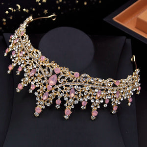 Pink Opal Crystal Wedding Crown Ladies Tiaras Bridal Diadem Princess Bride Headwear Party Prom Hair Jewelry Accessories