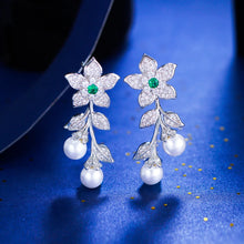 Load image into Gallery viewer, Chic Flower Leaf Shape Earrings Cubic Zirconia Pave Long Dangle Drop Pearl Earrings b101
