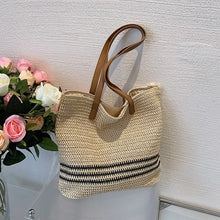 画像をギャラリービューアに読み込む, Casual Striped Straw Bag For Women Large Woven Shoulder Bag Summer Holiday Beach Bag Handmade Shopping Tote