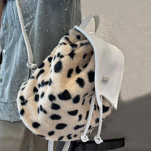 Large Soft Plush Shoulder Bag Drawstring Backpack Fluffy Leopard School bag q375