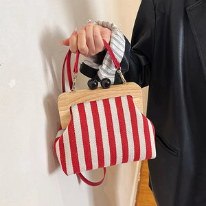 Canvas Bag Stripe Crossbody Kiss Lock Top-Handle Handbag Strap Vintage Purse Shell Evening Women Shoulder Bags