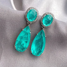 Load image into Gallery viewer, Silver Color Retro Large Water Drop Earrings for Women Simulation Paraiba Tourmaline Emerald Jewelry