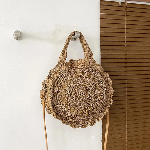 Summer Hollow Straw Round Bag For Women  Handmade Woven Shoulder Crossbody Bag Holiday Beach Bag