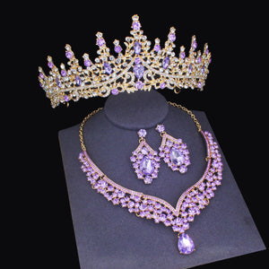 Pink Crystal Bridal Jewelry Sets Women Princess Tiara/Crown Earring Necklace Set dc09 - www.eufashionbags.com