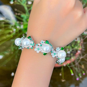 Luxury Green Cubic Zirconia Cluster Flower Wedding Pearl Bracelets for Women cw01 - www.eufashionbags.com