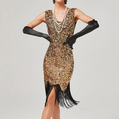 1920s Vintage Flapper Great Gatsby Party Dress V-Neck Sleeveless Sequin Beaded Style Dresses Tassel Flapper Sundress Vestidos