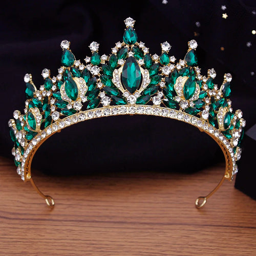 Luxury Silver Color Green Crystal Bridal Tiaras Crown Rhinestone Pageant Headwear Diadema Headpieces Wedding Hair Accessories