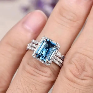 3Pcs Set Blue Cubic Zirconia Rings for Women Luxury Anniversary Party Jewelry