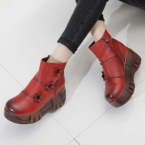 Handmade Flower Genuine Leather Women Boots Round Toe Ankle Boots q137