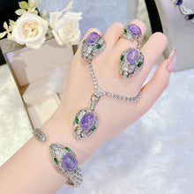 Cargar imagen en el visor de la galería, Silver Color Amethyst Jewelry Set for Women Purple Starlight Snake Pendant Necklace Stud Earrings Ring Bracelet