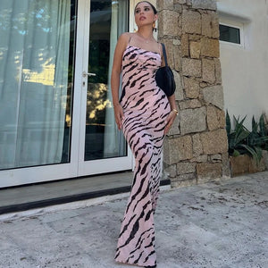 Zebra Long Beach Dress Cover-Ups Sexy Transparent Mesh Maxi Dress Cut Out Bodycon Summer Holiday Vacation Dress Women 2024