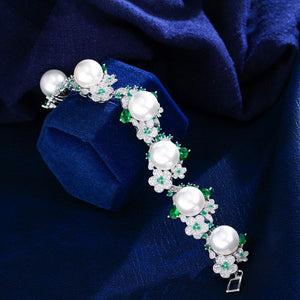 Luxury Green Cubic Zirconia Cluster Flower Wedding Pearl Bracelets for Women cw01 - www.eufashionbags.com
