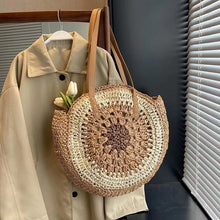 Load image into Gallery viewer, Women Round Hollow Straw Beach Bag Handmade Woven Shoulder Bag Raffia Circle Rattan Bags Bohemian Summer Large Tote Casual Bag