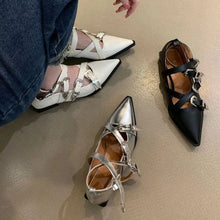 画像をギャラリービューアに読み込む, Pointed Toe Women Flat Loafers Belt Buckle Fashion Party Pumps Black White Silver Loafers Shoes Low Heels 35-39