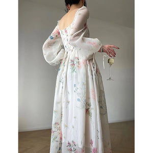 2023 Summer Korean Style Floral Evening Party Dresses Chiffon Long Sleeve Beach Midi Fairy Dress Vestidos De Ocasion Formales