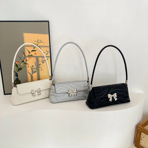 Silver Bow Pu Leather Shoulder Bags for Women 2024 Summer Designer Fashion Handbags