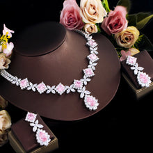 Cargar imagen en el visor de la galería, Pink Leaf Drop Cubic Zirconia Wedding Necklace Earrings Jewelry Sets b08