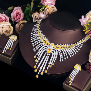 Dubai Yellow Cubic Zirconia Big Tassel Drop Wedding Necklace Jewelry Sets b03