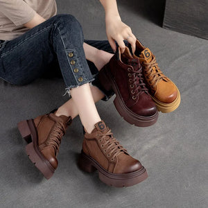 Cow Leather Women Shoes Square Med Heel Ankle Boots Lace Up Pumps
