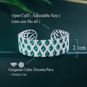 Round Green Cubic Zirconia Pave Open Cuff Big Wide Wedding Pageant Bangle