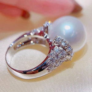 High Quality Silver Color Wedding Rings Full Bling Iced Out CZ Simulated Pearl Women Rings hr51 - www.eufashionbags.com