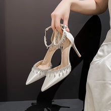Load image into Gallery viewer, White Wedding Dress Shoes Black Temperament Hollow Sandals Satin One Line Ribbon Women&#39;s Summer Fashion Tassel Chain High Heels