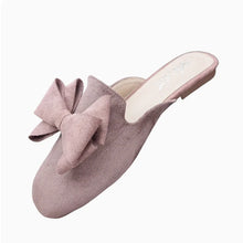 Cargar imagen en el visor de la galería, Women Spongy Sole Butterfly-Knot Flat Slides Mules Square Toe Wide Fitting Flock Cloth Summer Sweet Shoes