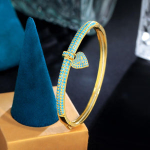 Micro Pave Blue Turquoise Stone Love Heart Round Open Cuff Bangle for Women cw07 - www.eufashionbags.com