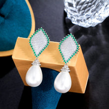 Load image into Gallery viewer, Green Cubic Zirconia Crystal Earrings Dangle Drop Long Pearl Wedding Jewelry for Women b65