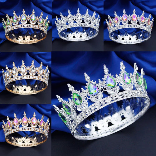 Rainbow AB Color Round Diadem Royal Queen King Tiaras and Crowns Bridal Wedding Dress Crown Jewelry Prom Accessories