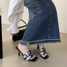 Laden Sie das Bild in den Galerie-Viewer, Weave Design Women Slippers Open Toe Summer Dress Shoes Thin High Heels Slides Slippers Party Pumps