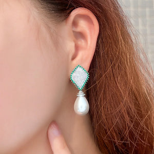 Green Cubic Zirconia Crystal Earrings Dangle Drop Long Pearl Wedding Jewelry for Women b65