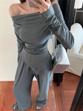 Charger l&#39;image dans la galerie, Hotsale Women Gentle Two Pieces Sets Autumn Slash Neck Full Sleeve T-Shirt Chic Slim Wide Leg Daily Mopping Pants Suits