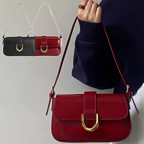 Retro Patent Leather Shoulder Bag For Women Luxury Flap Crossbody Bag Solid Color Red Crossbody Bag