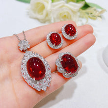 Load image into Gallery viewer, Silver Color Simulation Pigeon Ruby Jewelry Sets for Women Exaggerated Pendant Necklaces Stud Earrings Ring