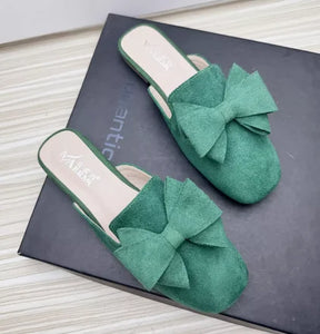 Women Spongy Sole Slippers Butterfly-Knot Flat Slides Square Toe Wide Fitting Flock Cloth Summer Sweet Shoes