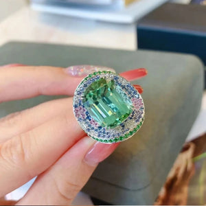 Silver Color Temperament Vintage Inlay Mint Green Tourmaline Rings for Women Sparkling CZ Wedding Jewelry