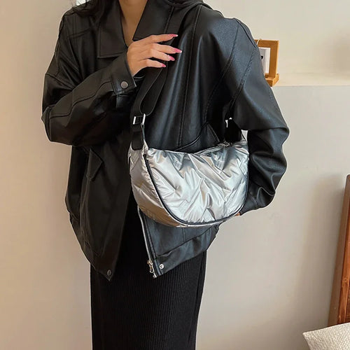 Big Silver Padded Shoulder Bag for Women Fashion Y2K Designer Soft Crossbody Bag Trends Handbags