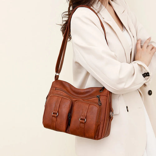 Brown Pu Leather Shoulder Bags Women Multi Pocket Messenger Bags w21